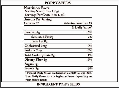 poppy seed nutirtoin label